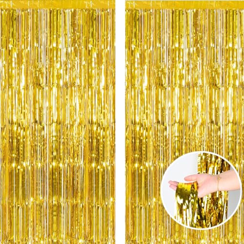 2pcs 3.2ft x 6.5ft Foil Fringe Curtain Door Curtains, Metallic Tinsel Curtains Streamers for Birthday Graduation Wedding Engagement Bridal Shower Bachelorette Holiday Party Decoration (Gold)