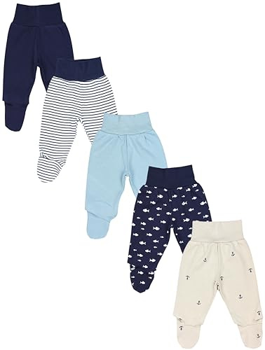 TupTam Pantalón con Pies de Bebé Paquete de 5 pies, Anclas Peces Azul Turquesa, 74