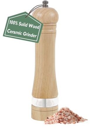ManGotree Handcrafted Wooden Pepper Grinder, Classic Salt Mill with Acrylic Visible Window - Ceramic Grind and Adjustable Coarseness for Premium Kitchen Essential, 8.5 Inch-1 Pack (Natural)