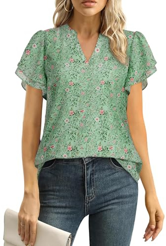Uhiger Womens Short Sleeve Blouses for Work Professional Flutter Sleeve Tops for Women Dressy Casual Chiffon Blouse V Neck Flowy Spring Outfits Business Office Attire Stylish Clothes Green Floral XL