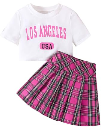 SoLu DAY8 Kids Girl 2 Piece Outfits Trendy Cute School Girls Plaid Pleated Skirt and Short Sleeve T Shirt Crop Top Set Summer Casual Party Fashion Clothes Sets Kids 7-12 Years (9-10 Years, White)