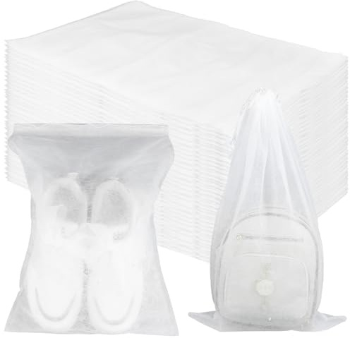 200 Pcs White Non-Woven Shoe Storage Bags – Dustproof Drawstring Travel Shoe Covers (12.5” x 18.5”) – Breathable & Portable Organizers for Shoes, Boots, Purses