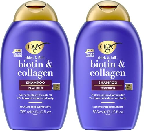 OGX Biotin & Collagen Shampoo (385 ml), kräftigendes Haarshampoo für feines & dünnes Haar, mit Vitamin B7 Biotin & Kollagen, ohne Sulfate (Packung mit 2)
