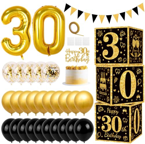 Palloncini Compleanno Neri e Oro, Kit Ghirlanda Palloncini Neri Oro con 3 Pcs Scatole Decorative di Compleanno per Ragazzi, Palloncino Coriandoli Dorati per Decorazioni 30 Anni Compleanno