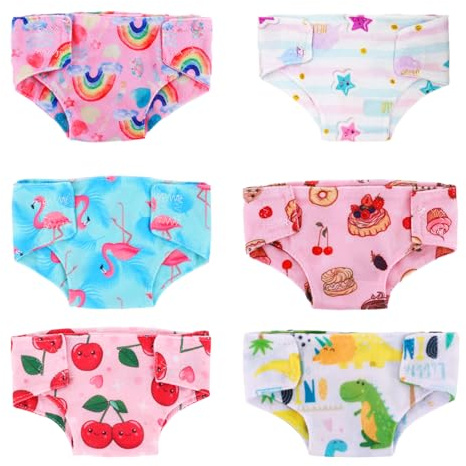 6 Stück Puppenwindeln für Baby Puppen 14-18 Zoll, Süßes Puppenzubehör für Baby Puppen 30-43 cm, Wiederverwendbar Puppenzubehör, 6 Verschiedene Muster und Stile, Geschenke für Kinder