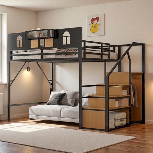 Seyakany Lit Mezzanine Enfant 140x200 avec escalier de Rangement et fenêtre,métal lit superposé 2 Place avec Panneaux en Bois et Filet et Enceinte surélevée Unique,Cadre de lit pour Adolescents,Noir