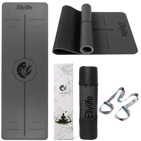 Ellylife Tappetino Yoga Antiscivolo Spesso, con segni di allineamento del corpo, Gomma naturale + PU ecologico, Delicato sulla pelle, Forte presa, con Cinghia, per Yoga, Pilates e Fitness