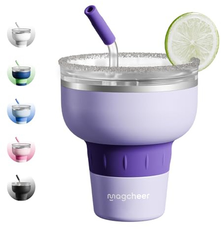 magcheer Bicchiere da cocktail con coperchio e cannuccia, in acciaio inox, isolato, per margarita, 320°, senza stelo, per feste, colore viola