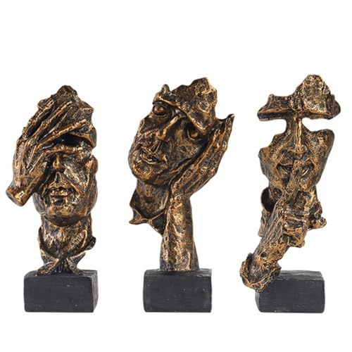 GZDDYUMYJX Statua del pensatore a 3 pezzi, il silenzio è una statuetta d'arte astratta in oro, sculture in resina per la casa moderna Decorazioni per oggetti decorativi per l'ufficio domestico (Rame)