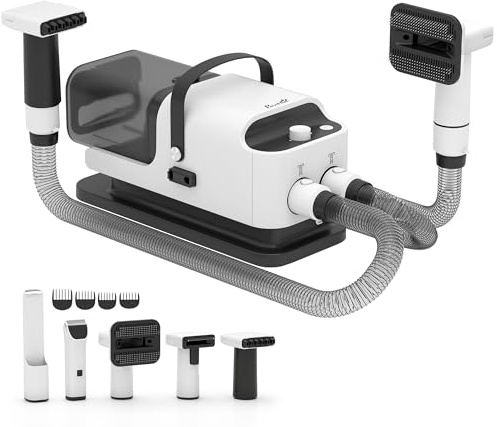 PawHut Aspirateur poil de chien et séchoir 5-en-1, kit toilettage chien professionnel 12kPa - tondeuse chien silencieuse 50dB avec température réglable et réservoir 1,8L pour animaux, blanc