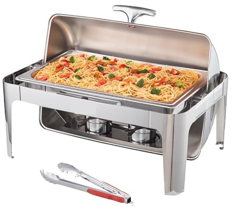 Roll Top Chafing Disk Buffet Set 8 Qt Rostfritt Stål Chafer Med Full Storlek Pan Rektangel Catering Warmer Server Lock LåNgvarig VäRmebehåLlning