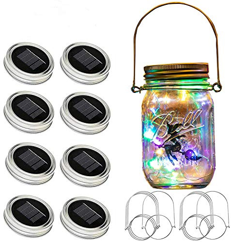 YJFWAL Updated Solar Mason jar Lights, 8 Pack 30 Led Waterproof Fairy Firefly jar Lights with 8 Hangers(NO Jars) for Regular Mouth Jars, Patio Yard Garden Wedding DIY Decor, Summer Gifts(Multicolor)