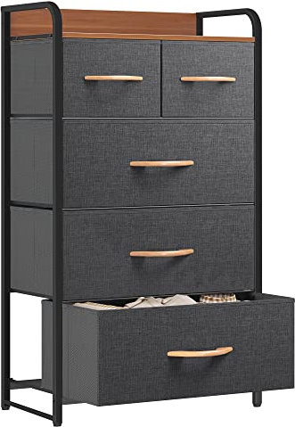 YITAHOME kommode mit Schubladen, Schrank mit 5 Schubladen aus Stoff, Aufbewahrungskommode Industrial Stil für Schlafzimmer, Wohnzimmer,Flur, Dunkelgrau Aufbewahrungsschrank