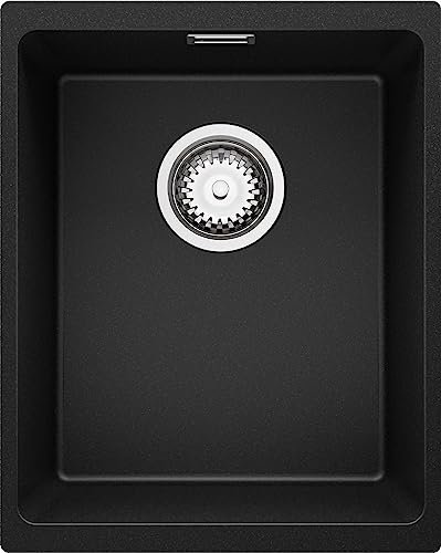 PRIMAGRAN Fregadero bajo Encimera Negro 36x47cm, Cocina 1 Seno + Sifón, Granito al mueble 40cm - London S052