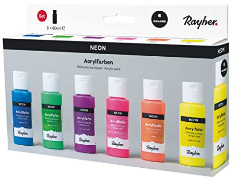 Rayher Acrylfarben-Set Neon, 6 Farben à 60 ml (gelb, orange, pink, lila, blau, grün), für Einsteiger und Profikünstler, für viele Untergründe geeignet, wasserbasierend, 35060000