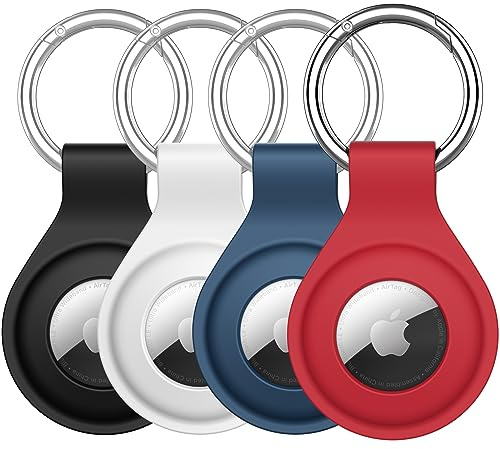 JETech Silicone Custodia per AirTag 2a/1a Generazione (2026/2021) con Portachiavi, Cover Air Tag Protettiva Portatile, Installazione Facile, Pacco da 4 (Nero/Bianco/Blu Marino/Rosso)