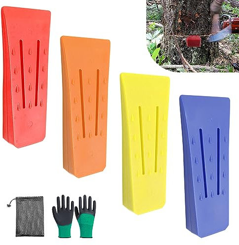 HIULLEN 5 Stück Fällkeil Kunststoff, 6 Zoll Kettensägen Fällkeil Set, Forstkeil Baumkeile, Spaltkeil für Holz mit Handschuhen und Aufbewahrungsnetztasche zum Kontrollierten Fällen von Bäumen