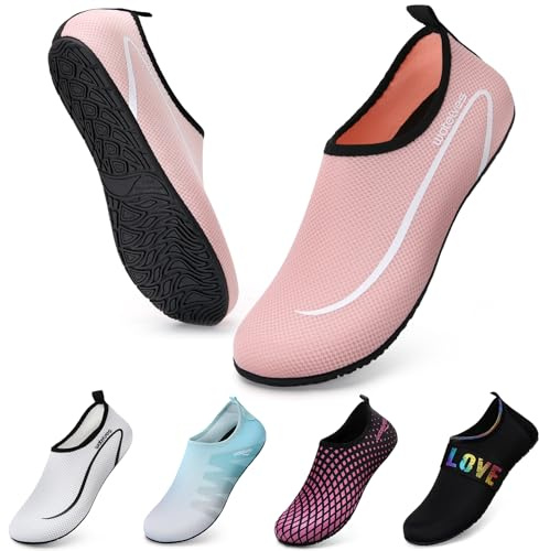 Swim Water Shoes Aqua Socks Barefoot for Sea Beach Swimming Shoes Pool Ladies Women Mens Pink Line 6/7 UK