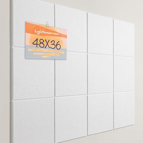 Bulletin Board 90 x 120 cm, 12 Count 30 x 30cm Square Felt Wall Tiles with Self Adhesive Tape, DIY Vision Board for Cubicle, 4' x 3' Corkboard Alternative for Wall with 30 Pushpins - White