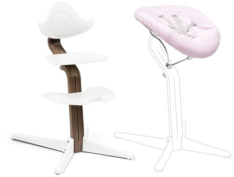 Stokke Nomi Silla (Walnut/Blanca) + Newborn Set (Blanco/Rosa Grisáceo) - Incluye un Arnés de Seguridad de Cinco Puntos y Un Set de Tela Reversible y Lavable - Soporta hasta 150 kg