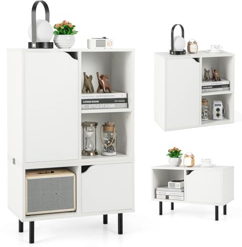 GIANTEX Armario de Almacenamiento con 3 Cubos Abiertos y 2 Armarios con Puertas, 60 x 30 x 96,5 cm, Gabinete de Madera Desmontable, Estante Ajustable, para Salón y Dormitorio, Blanco