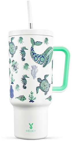 Meoky 40 oz Glow in the Dark Tumbler with Handle and Straw, Tumbler with Lid and Straw, Insulated Stainless Steel Travel Mug, 100% Leak-proof, Keeps Cold for 34 Hours (1 Pack, Sea Life)
