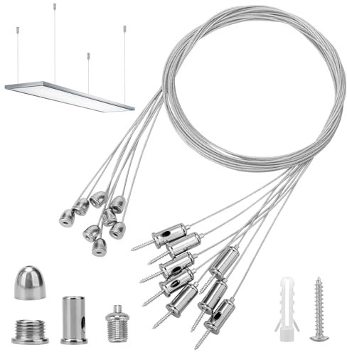 8 Stück Seilaufhängung Einbauset 1,5mmx1,5m Decke Ohrstecker Drahtseil, Verstellbare Lampenaufhängung Drahtseil Spanner Drahtseilhalter Metall Deckenbefestiger Befestigungs für LED Panel Deckenleuchte
