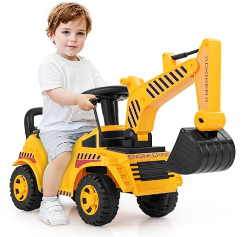 COSTWAY Excavadora para Niños, Excavadora Correpasillos para Niños con Pala Ajustable, Bloqueo Antivuelco, Sonido de Motor y Almacenamiento, Tractor Infantil con Asiento (Excavadora)