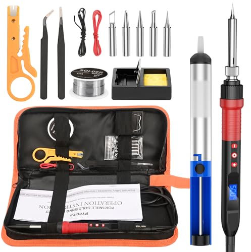 Soldadores de Estaño,Preciva 80W Kit de Soldadura Digital con Pantalla LCD, Temperatura Ajustable de 220-500°C, 5 Puntas, Soporte y 30g de Alambre de Soldadura para Reparaciones Diversas.