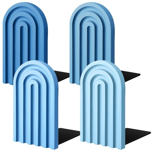 Harloon 4 Pcs Boho Arch Wooden Bookends, Decorative Rainbow Book Stoppers with Non-Slip Metal Base, 5x3x4 Inches, Cute Shelf Decor for Heavy Books, Home Office Study Desk Organizer(Denim Blue Color)