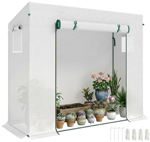 Outsunny Serre de Jardin PE, Serre de Balcon, bâche renforcée 140 g/m², châssis en Acier, Porte zippée Enroulable, pour légumes Plantes Fleurs, intérieur et extérieur, 200 x 76 x 168 cm, Blanc