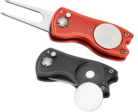 PATIKIL Attrezzo per Riparare Le Buche da Golf, 2 Pezzi Pieghevole in Metallo con Marca Pallina Magnetica E Forchetta in Acciaio Inox per Golfisti, Nero/Rosso