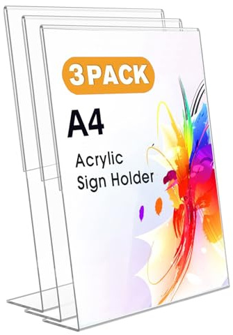 Ourui A4 Acrylic Sign Holder, 3 Pack Clear Display Table Sign Stand, L-Shape Plastic Message Board Stand for Exhibition, Office, Store, Restaurant