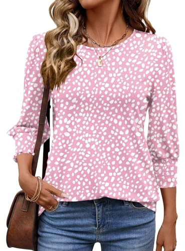 IECCP Women Tops Summer V Neck Tunic Elegant Office Work Blouse Ladies Casual Clothing Dressy Smocked Sleeve T Shirts White Dot Pink L (UK 16-18)