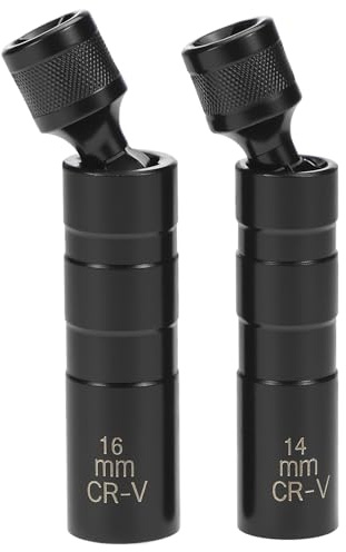 QWORK® 2 Piezas Llave de Vaso para Bujías, 12 Puntos 3/8 Pulgadas Llave de Bujía Giratoria Magnética Herramienta de Extracción de Bujías (14mm & 16mm), Negro