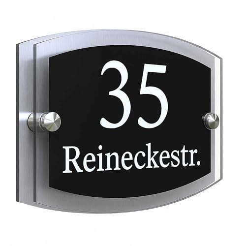 INDIGOS UG - Plaque de porte d'entrée personnalisée en verre acrylique 25 x 16 cm – Texte au choix avec nom, nom de l'entreprise, rue, numéro de maison – Plaque murale argentée avec fixation et kit de