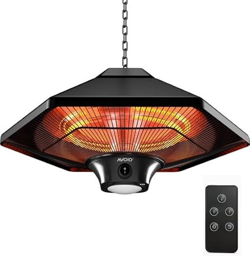 AVOID Terrasvärmare elektrisk SHL-2000BR – 2 000 W infraröd hängande värmare med fjärrkontroll och LED-lampor – tyst och effektiv – för inomhus- och utomhusbruk – svart