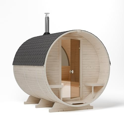AZS-ENGINEERING 2KR Panorama Fasssauna Garten gartensaunas Outdoor Sauna aus Fichtenholz – Verschiedene Größen (4–6 Personen) – mit Holzofen ETNA