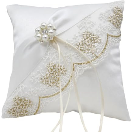 Fictory Cuscino per fedi nuziali, 20 x 20 cm, in tessuto di raso con design in pizzo, elegante cuscino porta anelli per cerimonia, cuscino decorativo bianco per feste di nozze
