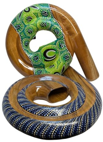Didgeridoo da viaggio a spirale fatto a mano, commercio equo e solidale, legno di mangano, design compatto circolare da 28 cm con arte unica dipinta a mano, suono professionale autentico