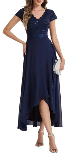 Ever-Pretty Robe de Soirée Chic Col en V Manches Courtes Mousseline Dentelle High-Low Bleu Marine 38