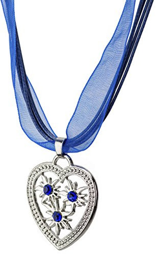 Trachtenkette Weissensee eleganter Herz Anhänger mit DREI funkelndem Strasssteinen - Trachtenschmuck Kette für Dirndl und Lederhose (Blau)