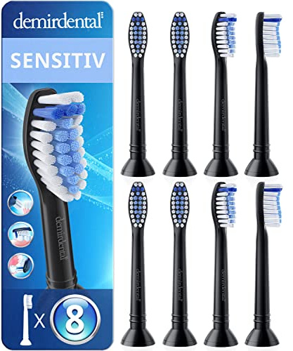 8er demirdental Sensitive Aufsätze passend für Philips Sonicare Ersatzbürsten, Weiche Bürstenköpfe für sensible Zähne, Schwarz, entspricht HX6058b