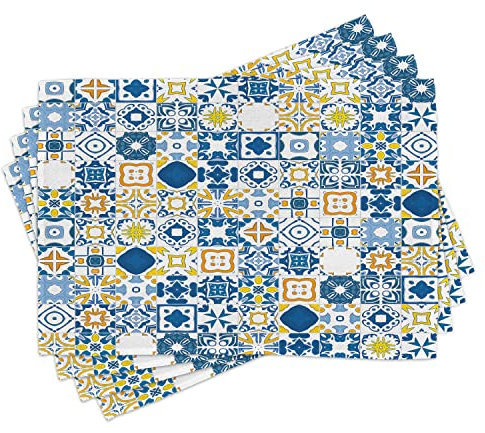ABAKUHAUS Gelb und Blau Platzmatten, Mosaik Azulejo, Waschbare Stoff Esszimmer Küche Tischdekorations Digitaldruck, Gelb