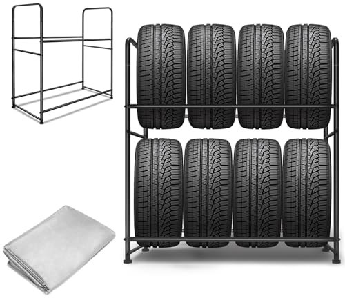UISEBRT Reifenregal 8 Reifen Felgenregal Reifenständer Stahlkonstruktion Werkstattregal Garagenregal Lagerregal 2 Ebenen Belastbar 180KG, 107×46×117cm