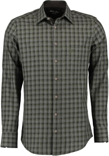 OS Trachten® Camisa para hombre con bolsillo en el pecho, manga larga, color verde olivaverde, ajuste: Slim Fit de oefele.de Camisa de caza de algodón 100% con bordado en el bolsillo del pecho
