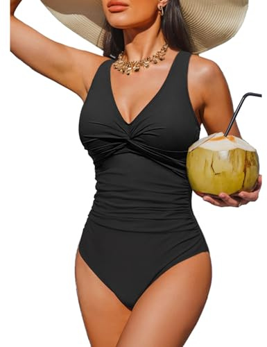 Holipick Black Women Tummy Control One Piece Swimsuit - Push Up Bathing Suit Full Coverage Slimming Swimwear XL