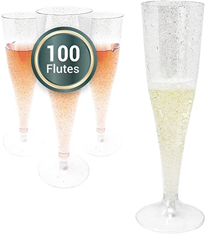 Reli. Champagne Flutes Plastic | 100 Pack | 4.5 oz - Silver Glitter | Premium Plastic Champagne Flutes | Party-Perfect for Celebrations
