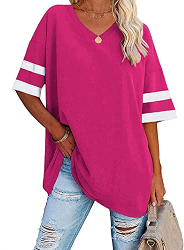 Voopptaw Women's Summer Casual V Neck Striped Half Sleeve T Shirt Ladies Comfy Oversized Baseball Tshirts Tunic Tops