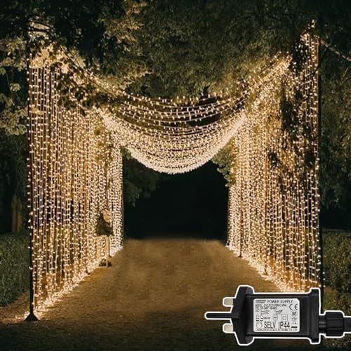 Dekofun 600 LED Curtain Fairy Lights 6m x 3m Hanging Gazebo Light Mains Powered With Timer, 8 Modes Waterproof Christmas Window Lights, Waterfall light for Wedding Wall Xmas Indoor Outdoor Decorations